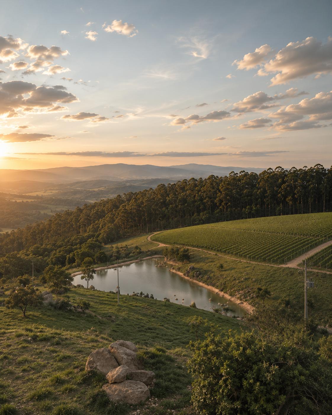 Vinhedos em terraço em altitude elevada, com lago e serra ao fundo